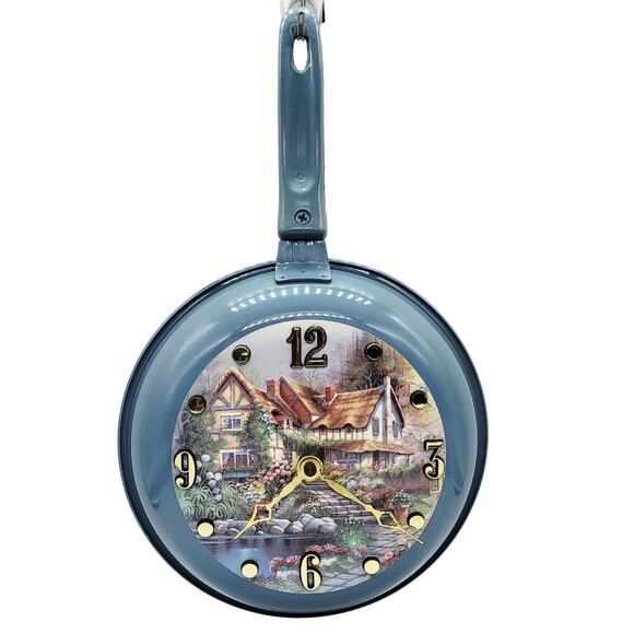 Quartz Blue Painted Cottage Scenery 8" Fry Pan Decorative Wall Clock Made in USA - Picture 1 of 10